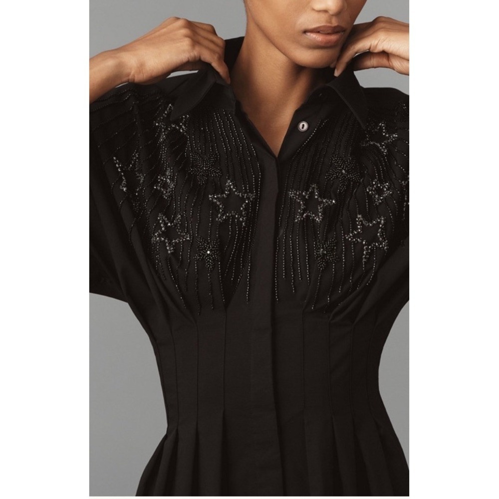 Exquise Tobi Shirt Dress 2X Black Beaded Pleated Button Front Midi Elegant - Picture 2 of 10